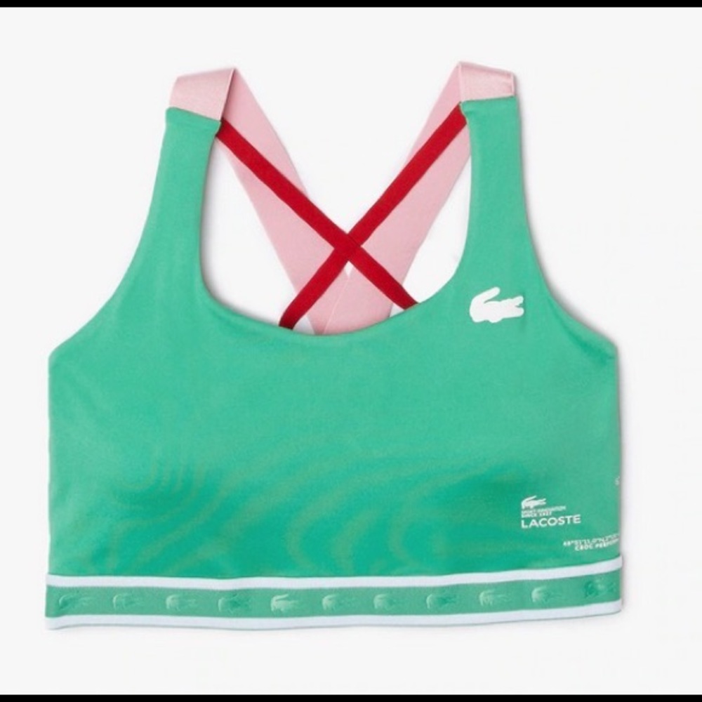 NWT Lacoste Criss-Crossing Straps Sports Bra (L): Green / Pink / Red